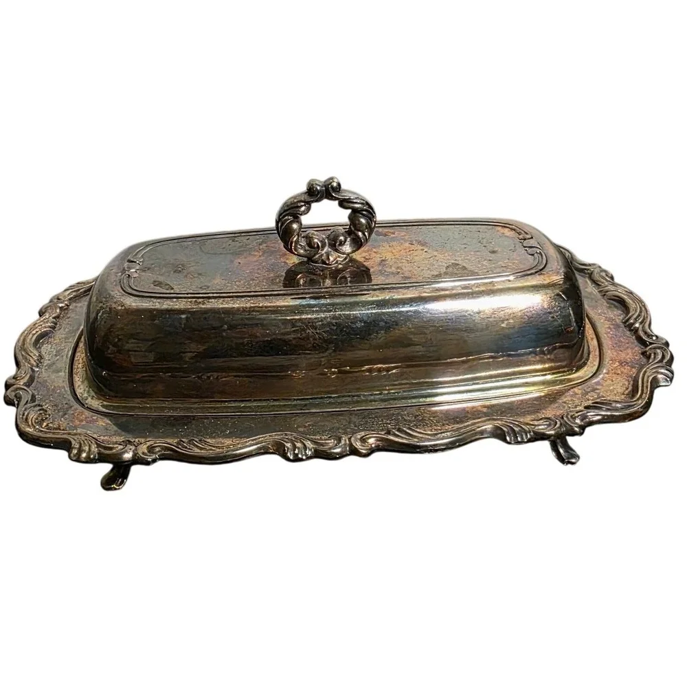 Vintage Butter Dish Wm A Rogers Oneida Ornate Footed Silver Plated